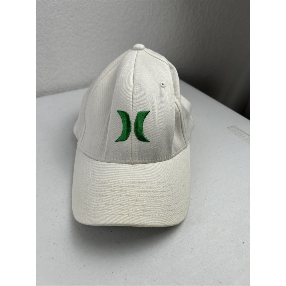 Hurley  Baseball Fitted White L/XL Cap Hat FlexFit Green Embroidered